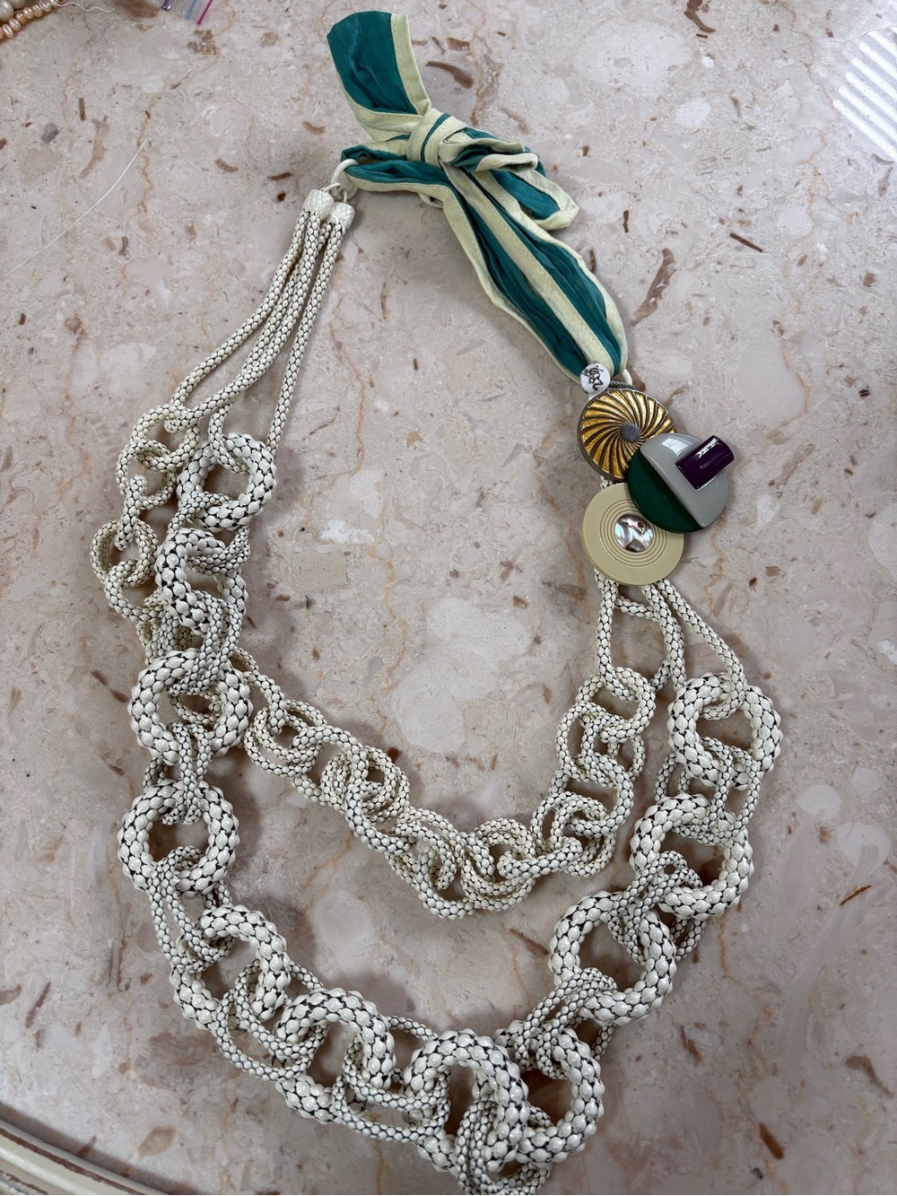 Cream Braided Chain Necklace with Green and Purple Accents
